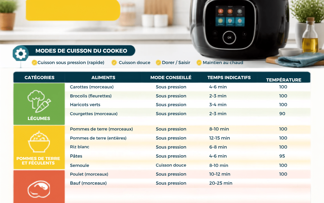 Cookeo : temps de cuisson et températures par aliment (tableau complet)